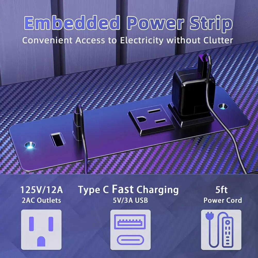 40 مكتب ألعاب من ألياف الكربون المضاءة LED مع منافذ طاقة وحامل شاشة وخطاف سماعة الرأس لإعداد ألعاب الكمبيوتر #6