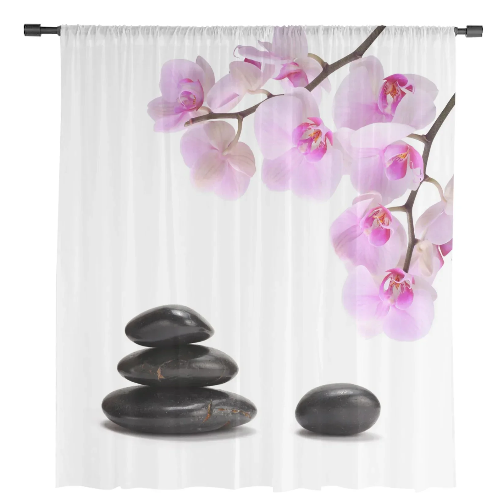 Orchid Black Stone Pink Flower White Tulle Sheer Curtains for Living Room Decor Window Curtain for Bedroom Voile Organza Drapes