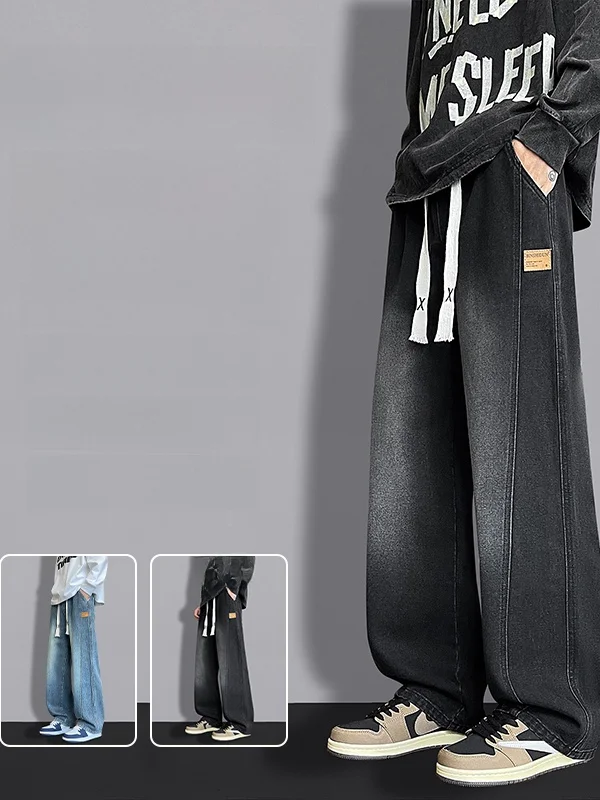 

Loose Cotton Denim Jeans American Sle Dstring Straight Leg Men's Teenagers Casual Pants Trousers for Youth And Students