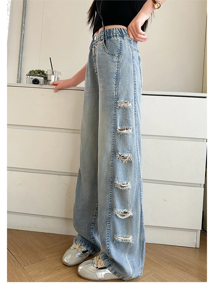 Jeans für Teenager-Mädchen mit seitlichen Löchern, lässige Mode, Sommer, Kinder, weites Bein, zerrissene Jeanshosen, Schulhosen aus Denim, 10-12 Jahre – Detail 3