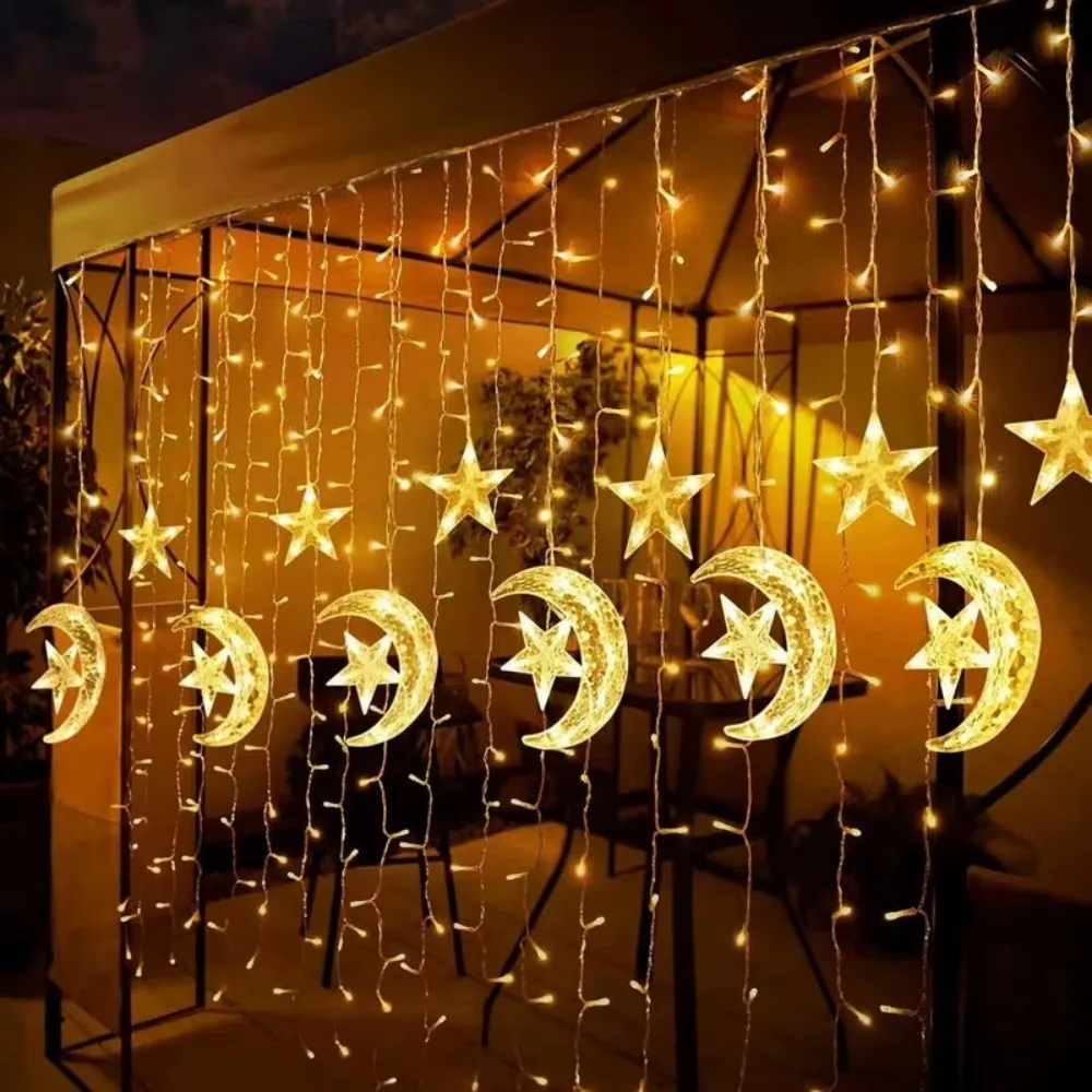 120-LED Lua e Estrela Cortina Luzes de corda-137,8 pol. Luzes de fadas com operação de bateria, usadas para Ramadan, casamentos, decoração de quarto