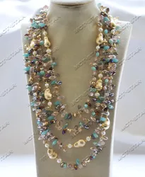 MTC·STAR  Z12796 4Row Macarons Color Crystal Brushed Bead White Pearl Necklace Jewelry