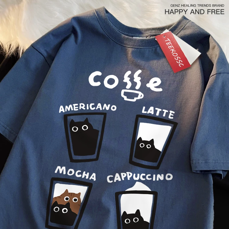 Fun Coffee Cat Japanese Style Men Women T-Shirts Oversize Tshirt Breathable Loose Short Sleeve Tee Clothes Cotton Streetwear