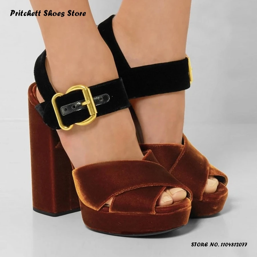 

Женские современные сандалии на бархатной платформе, летние вечерние модельные туфли на массивном каблуке с пряжкой и ремешком, круглые туфли с открытым носком, большие размеры на высоком каблуке