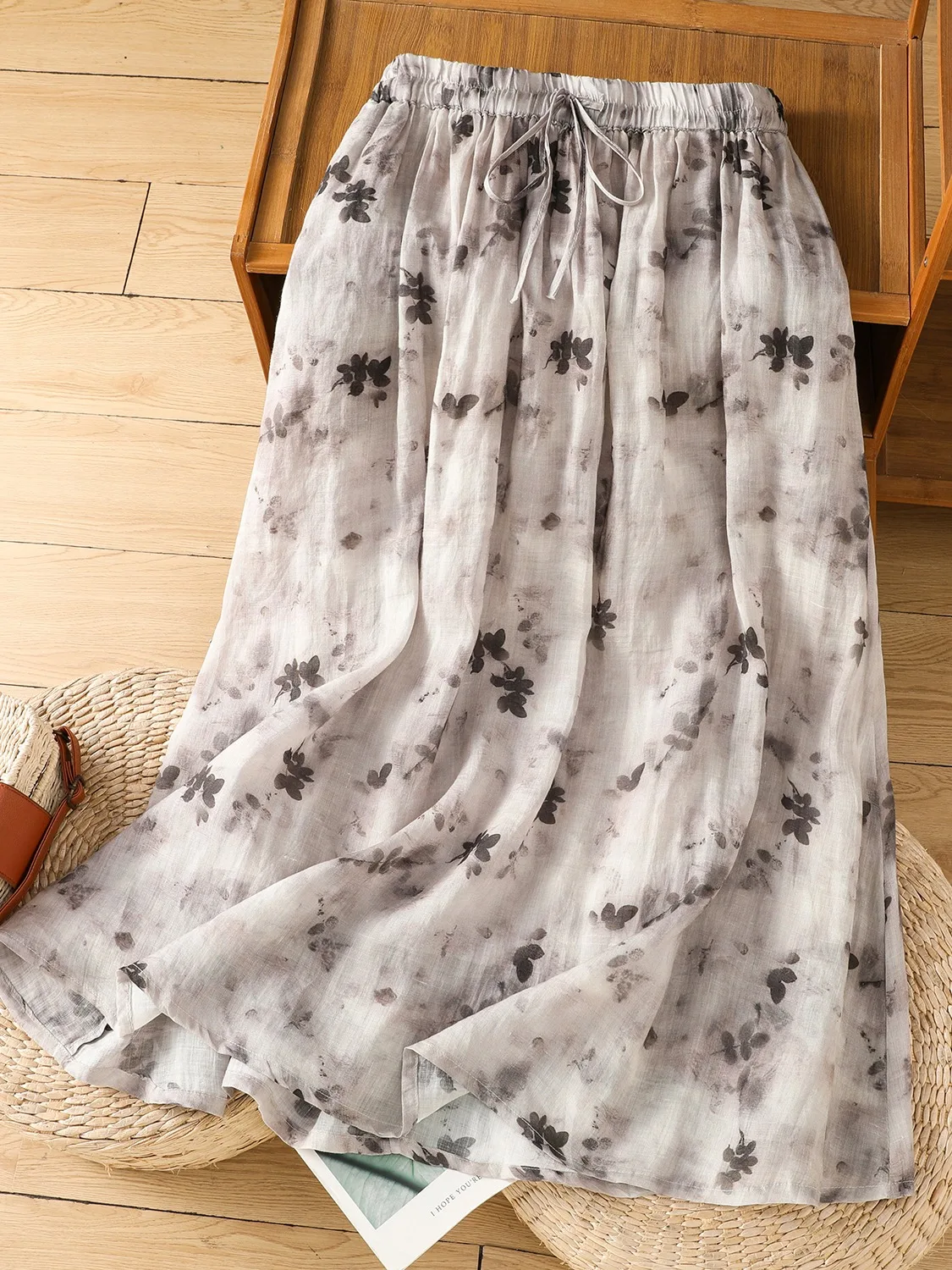 

Женская летняя легкая юбка из конопли с принтом под китайскую тушь, миди, двойной слой, А-силуэт