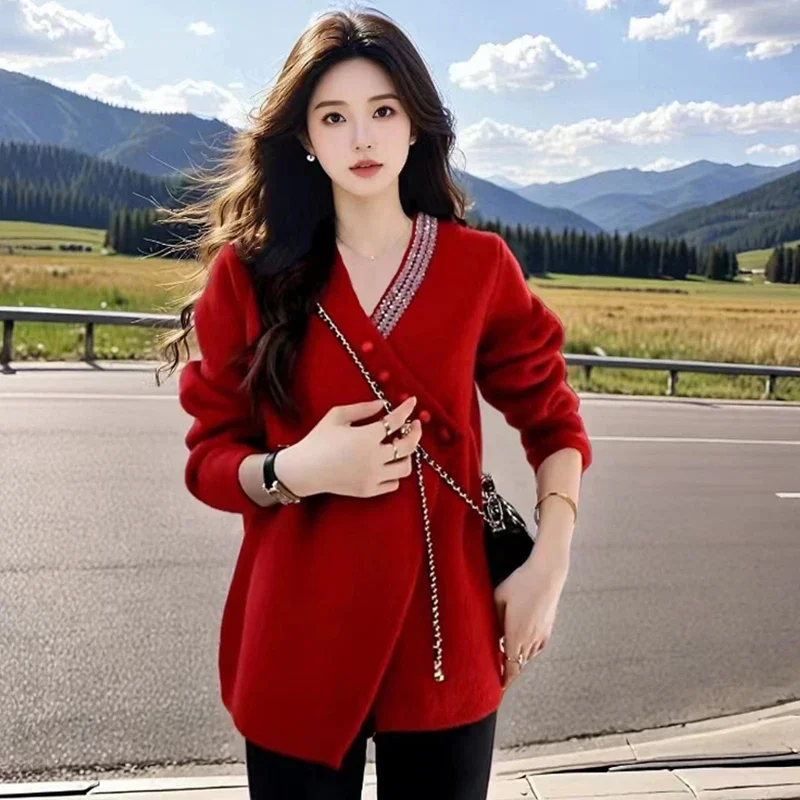 Women\'s Clothing New Fashion V-neck Patchwork Sweaters Autumn Winter Loose Temperament Solid Wool Commute Warm Knitted Pullovers