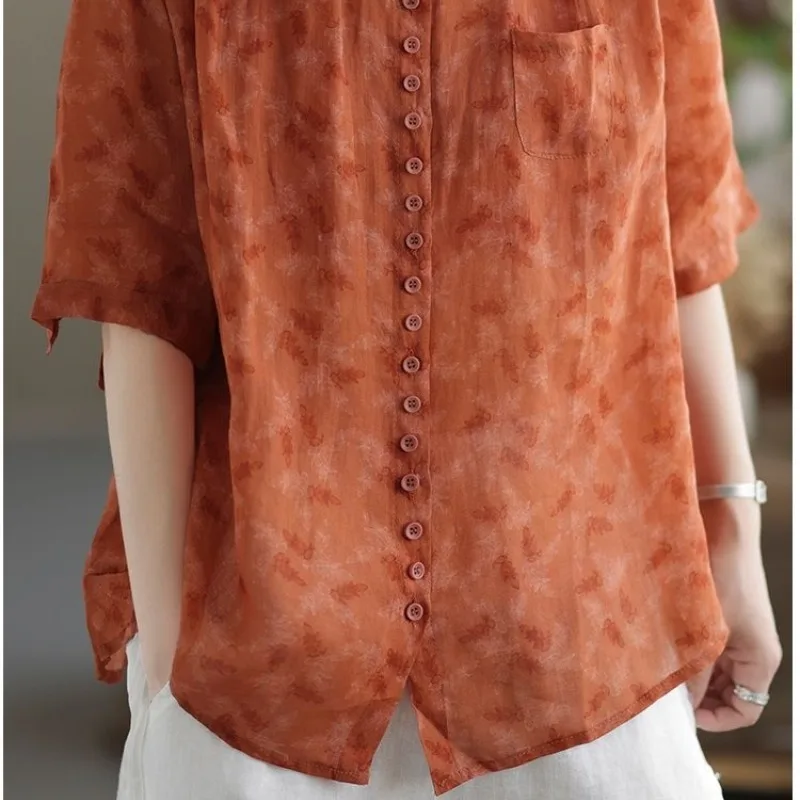 Summer Ladies Tops and Blouses 2023 Fashion Three Quarter Loose Shirt Lapel Polo Button Pockets Printing Elegant Female Clothing