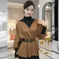 Wearing a High-end Look in Early Autumn a New French Style Light Luxury Shirt with Fake Two Piece Waistband Long Sleeves Shirts