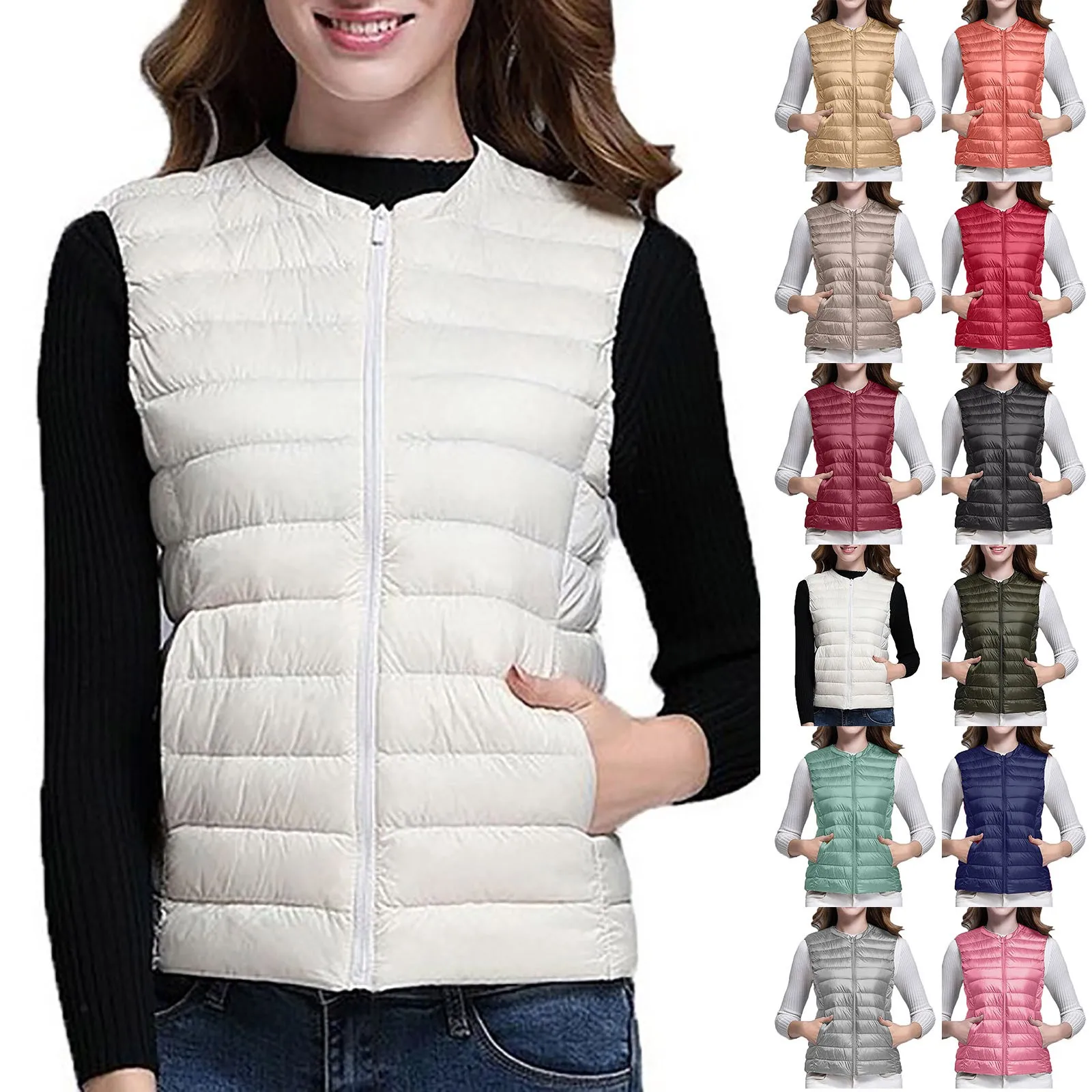 

Autumn Winter Women Ultra Light Thin Duck Down Vest Sleeveless O-Neck Zipper Waistcoat Windproof Puffer Female Quilted Jackets