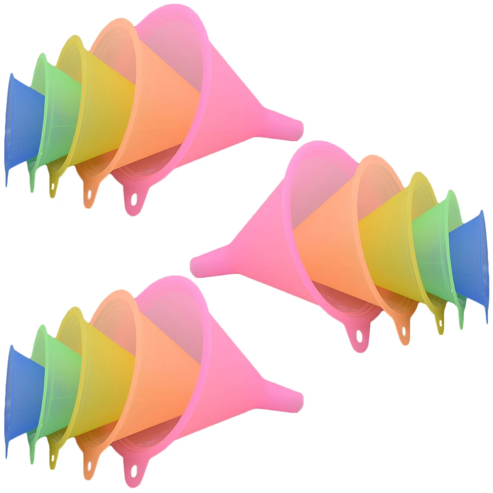 

15pcs Candy Color Funnel Set 5 Sizes Lightweight Plastic Kitchen Liquid Oil Transferring Household Tool Transparent
