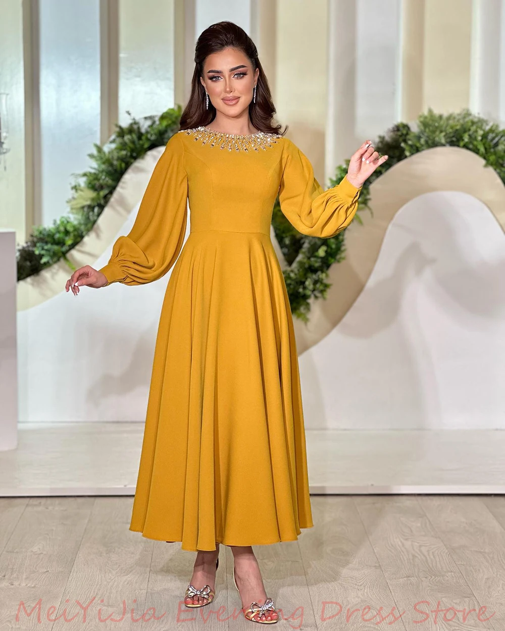 Meiyijia O-Neck Pleats Beaded A-Line Long-Sleeves Ankle-Length فستانسهرة Arabia Sexy Evening Birthday Club Outfits Summer2024