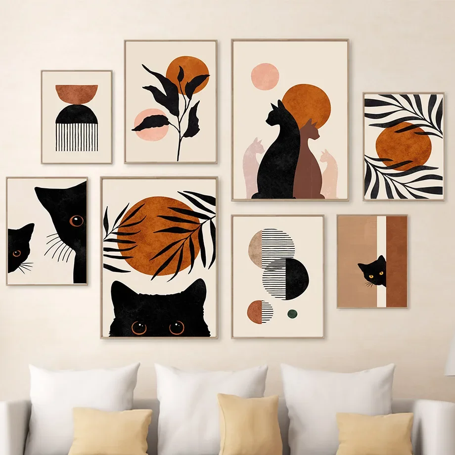 

Abstract Boho Sun Bowls Black Cats Prints Wall Art Minimalist Neutral Canvas Painting Modern Pictures Living Room Decor Posters