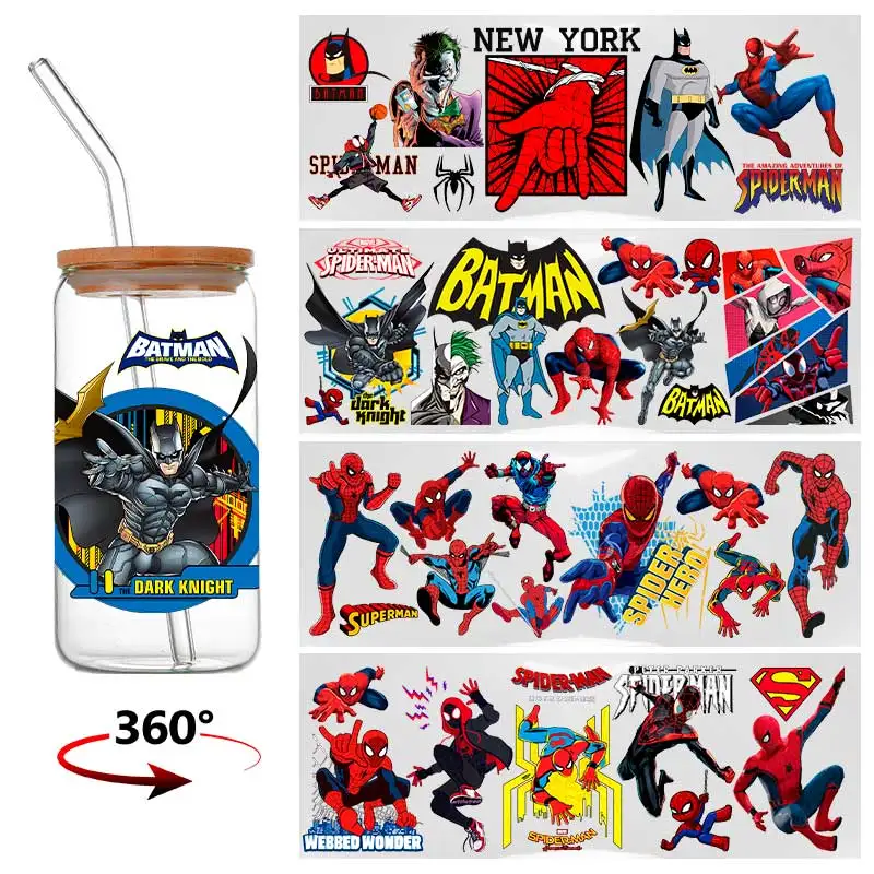 마블 시리즈 스파이더맨 16온스 DTF 컵 스티커, 멋진 맞춤형 UV 전사 스티커, 아이언맨 방수 스티커