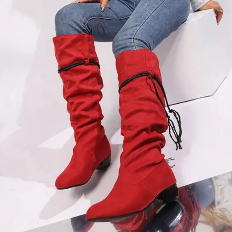 2025 New Women Knee Boots 3cm Square Heel Pleated Round Toe Flock Suede Black Red Apricot Casual Big Size 44 45 46 47