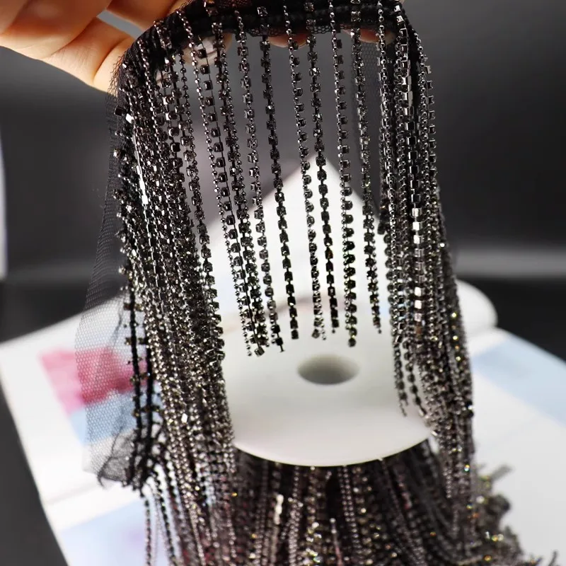 0.5m Silver Grey Fringed Metal Chain Crystal Beaded Lace Handmade Tassel Trim DIY Jeans Bags Shoes And Hats Decoration Pendant