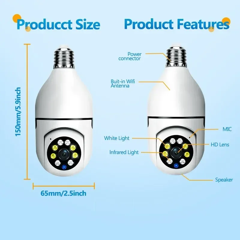 E27 Bulb Surveillance 5G Camera Full HD Color Night Vision Automatic Human Tracking Zoom Indoor Security Monitor Wifi Camera