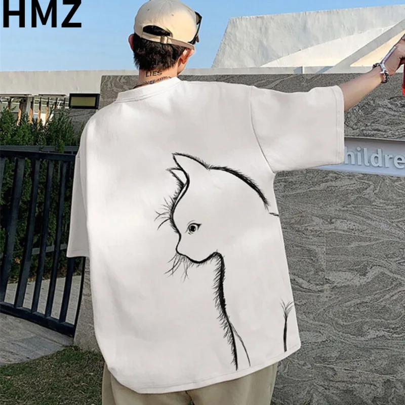 HMZ Summer T-shirt uomo oversize Cartoon Cat Print Tees High Street Unisex Top magliette T-shirt in cotone sciolto uomo abbigliamento quotidiano