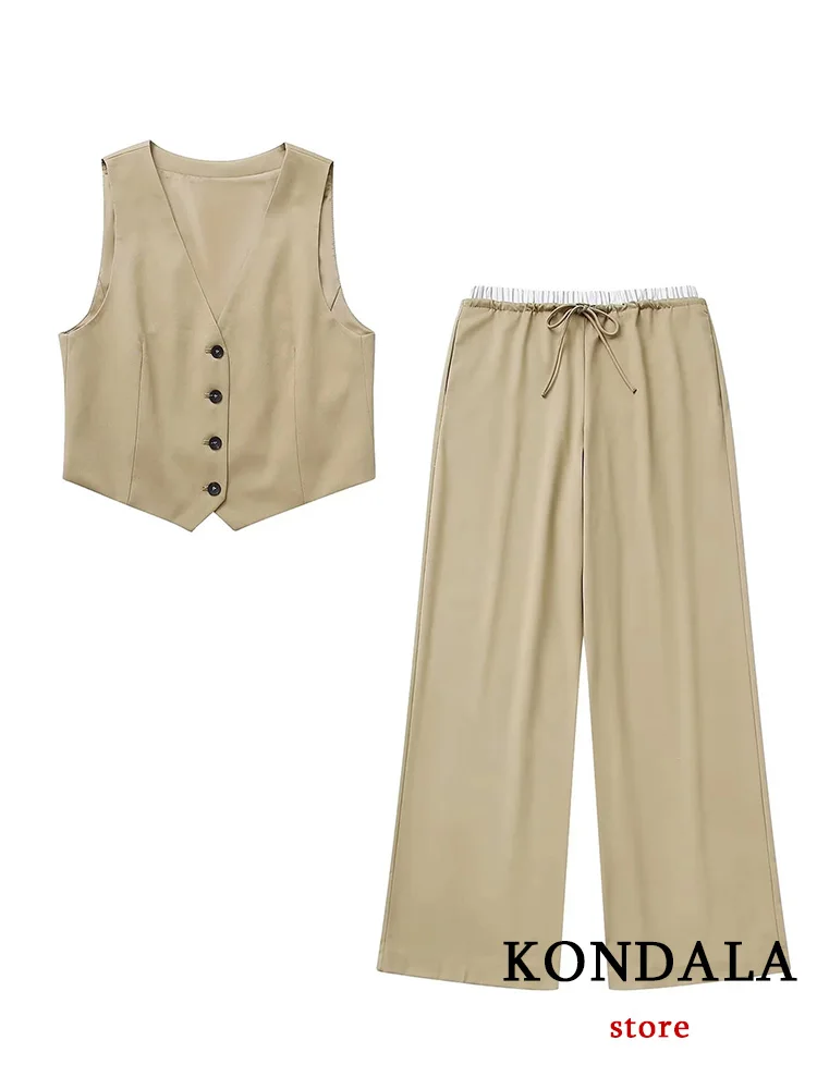 KONDALA-Pantalon de Bureau Vintage pour Femme, Vêtement Long et Droit, Col en V Trempé, Bouton Unique, Taille Haute, Mode Été 2024