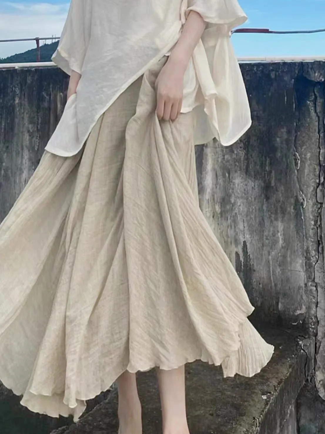 Boho Beach Long Maxi Skirt Women Vintage Summer Linen Cotton Pleated Elastic Waist Flowy Split Casual Skirts Faldas Saia Femme