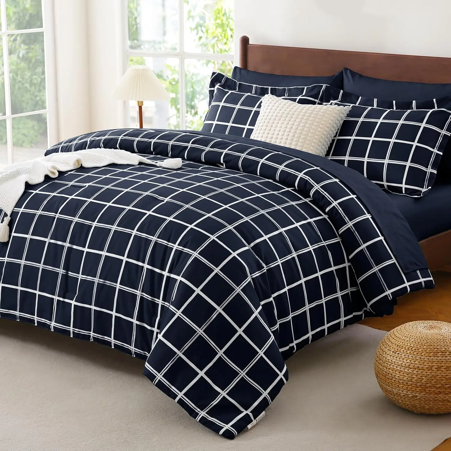 

Queen Size Bedding Set - 7 Piece Plaid Navy Blue Comforter with Sheets, All Season Quilted