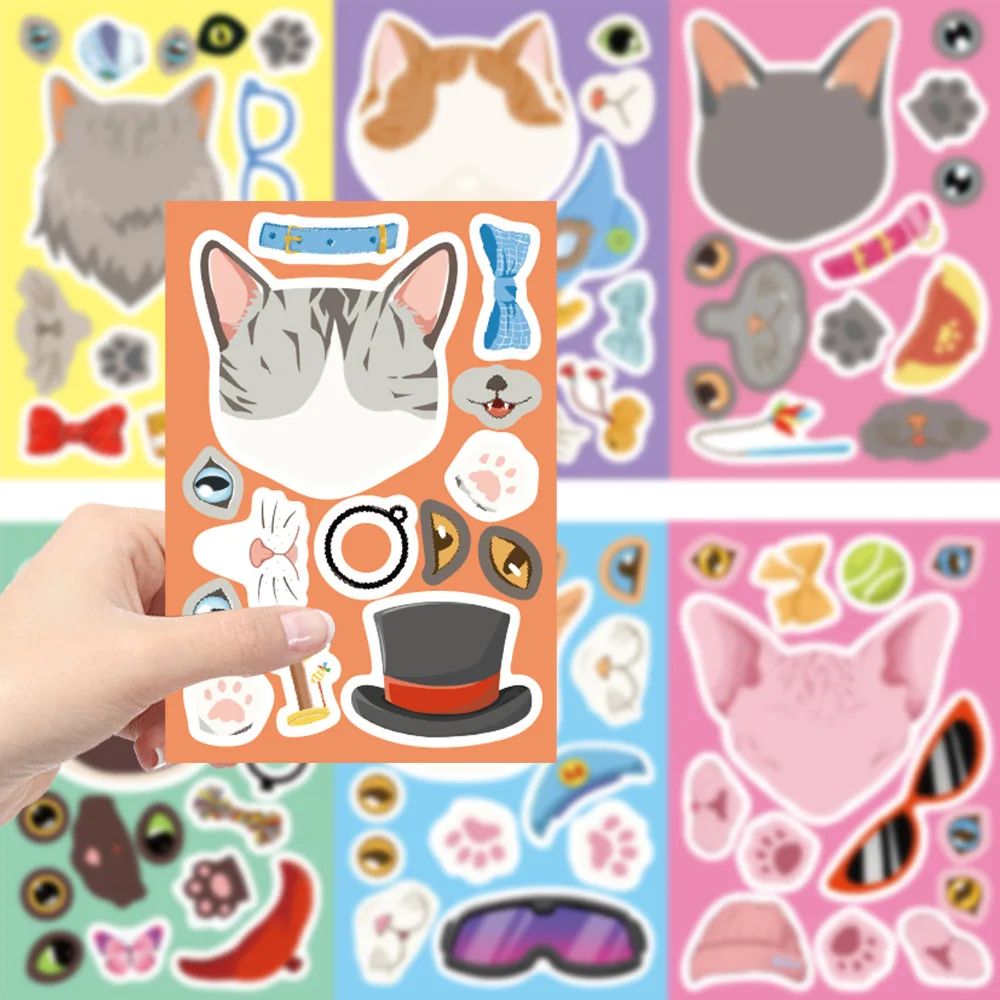 8Pcs Cartoon Katze Kopf Gesicht Ändern Puzzle Aufkleber Niedlichen Tier Machen EIN Gesicht Spielzeug Gesicht Ändern kinder Spielzeug telefon DIY Aufkleber