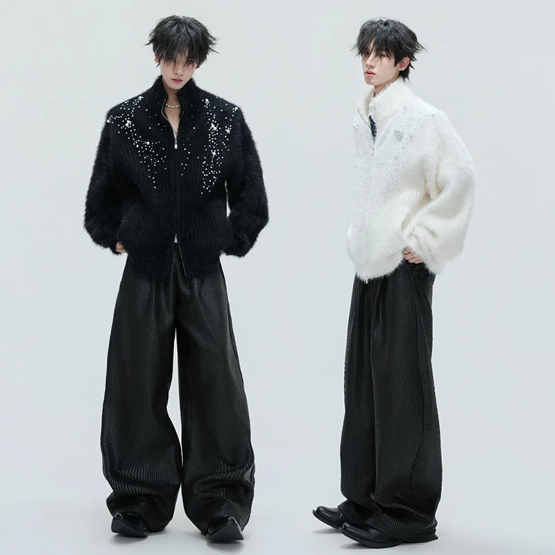 LUZHEN High Quality Elastic Sleeve Knitted Cardigan Double Zipper Design Men's Fashion Handsome Pearl Decorate Sweater JY4798