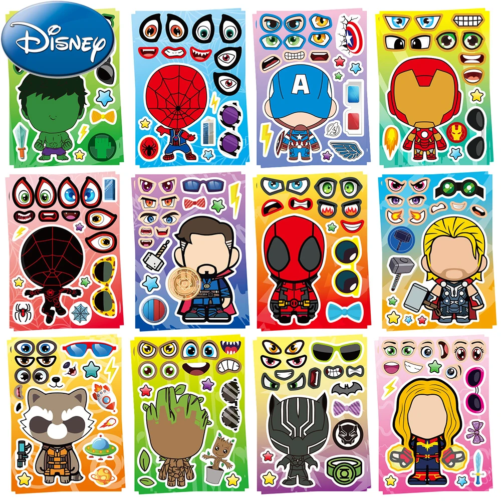 

6/12sheets Cartoon Disney The Avengers Stickers Make a Face Children Cool Super Hero DIY Decals Assemble Jigsaw Educational Toys