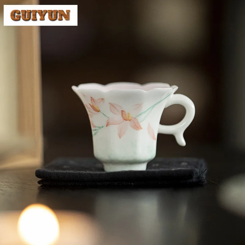 

2pc/lot Hand-painted Peach Blossom Jade Clay Flower Mouth Teacup Tea Bowl Single Cup Fragrance Cup Chazhan Master Cup Craft 50ml