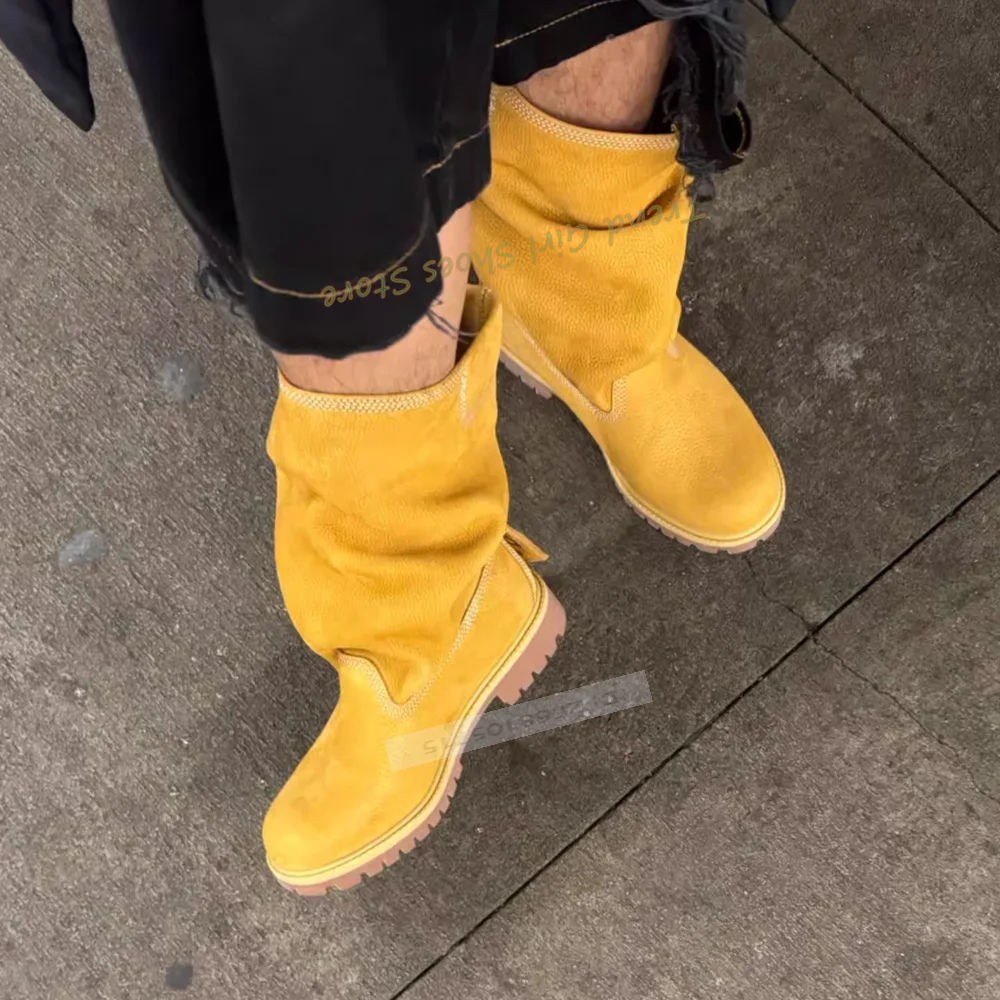

Round Toe Platform Boots Pleated Slouch Boots Chunky Low Heels Solid Spring Slip On Women Shoes New Style Mid Calf Designer Sexy