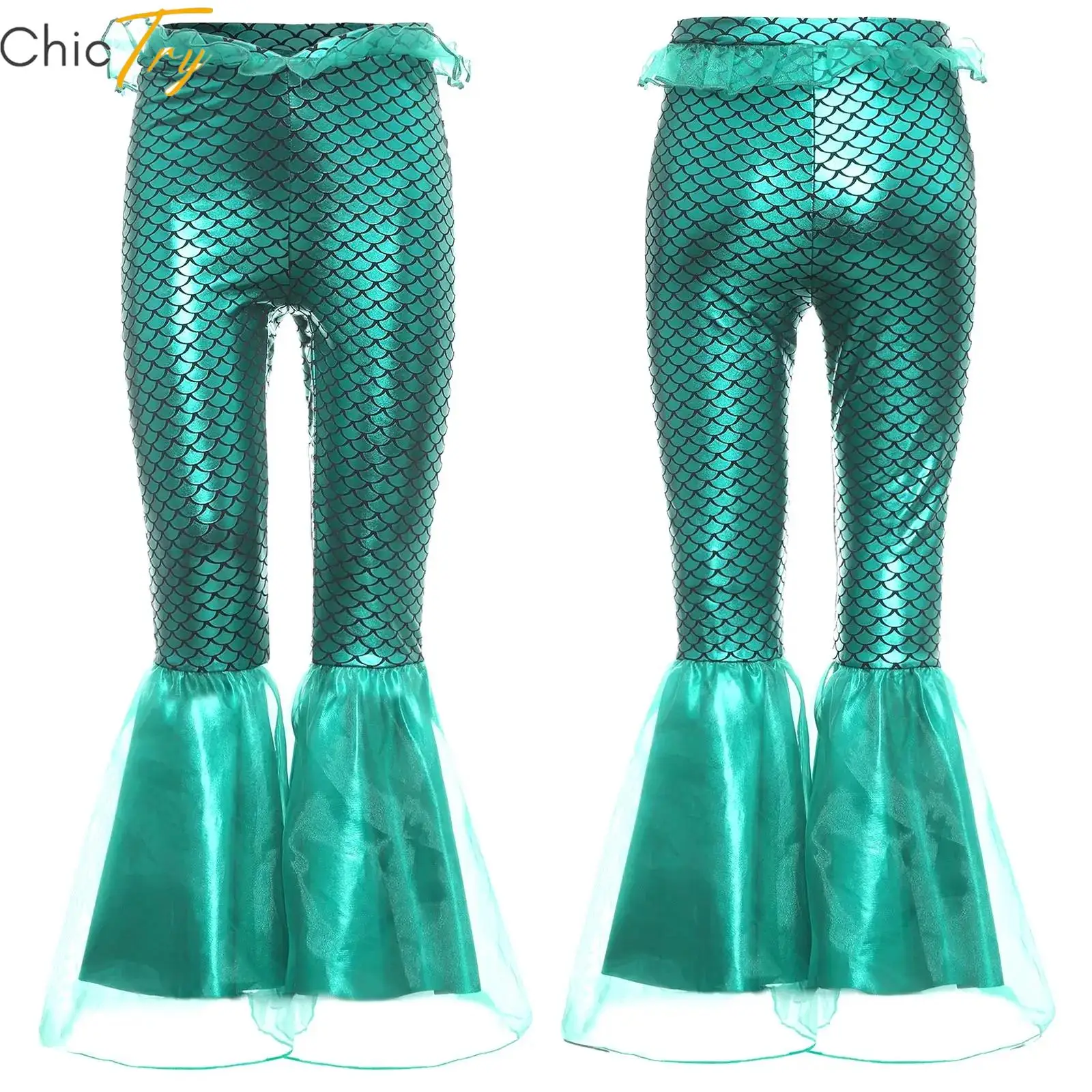 

Детский карнавальный костюм русалки, брюки для Хэллоуина, брюки-клеш с эластичной резинкой на талии для девочек, расклешенные брюки-клеш с принтом рыбьей чешуи