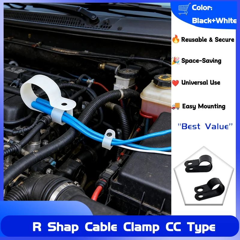 

R Shap Cable Clamp CC Type Wire Tie Clips Winder Mounting Organizer Reusable Cord 10pcs Holder Cabinet Backplane Line Managenmen