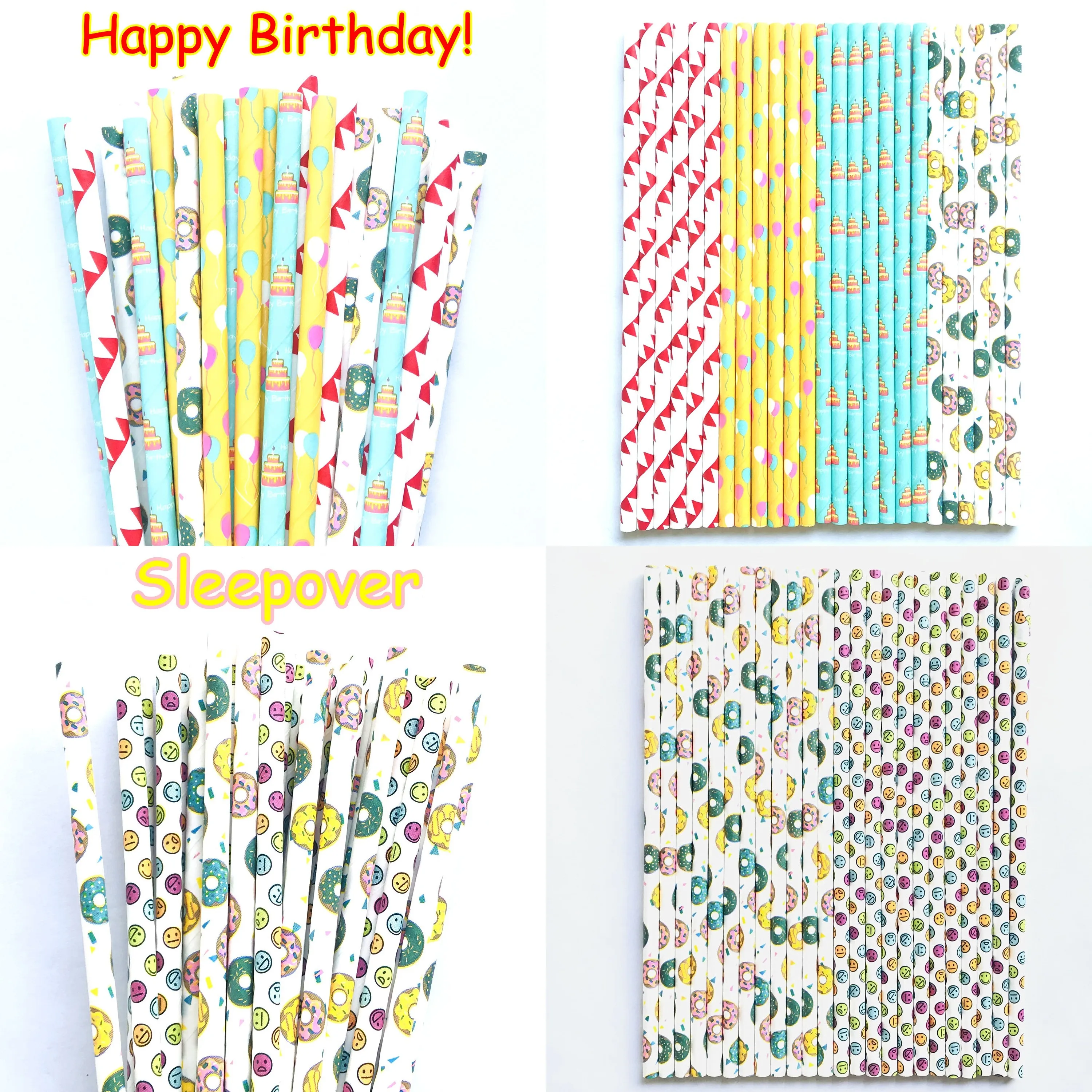 200 Pcs Happy Birthday Party Paper Straws-Cake Balloon Donut Smile Flag Stripe Dot Chevron Boy Girl Sleepover Baby Shower Bar