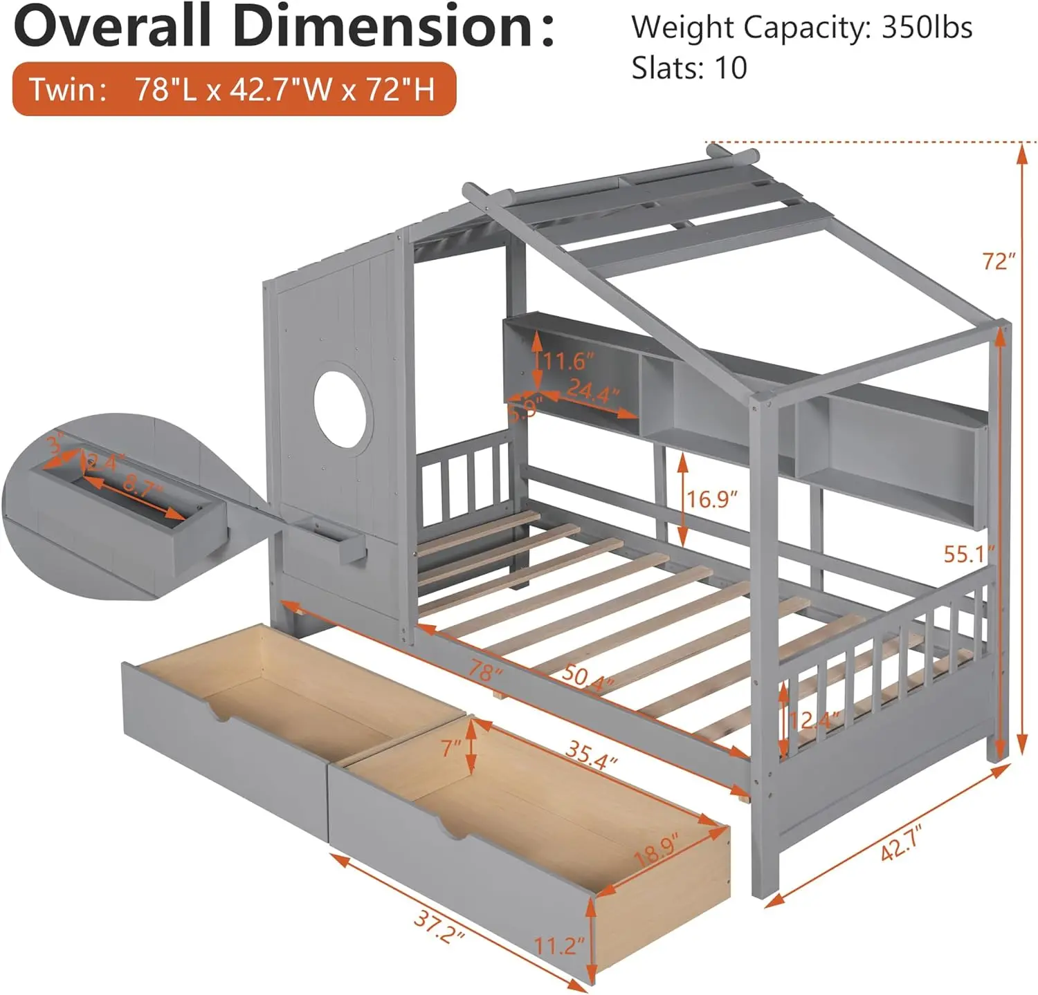 Twin Bed Frames For Kids, House Bed With Window And Fence, Wood Platform Bed Frame With Drawers And Shelves, Playhouse Bed For