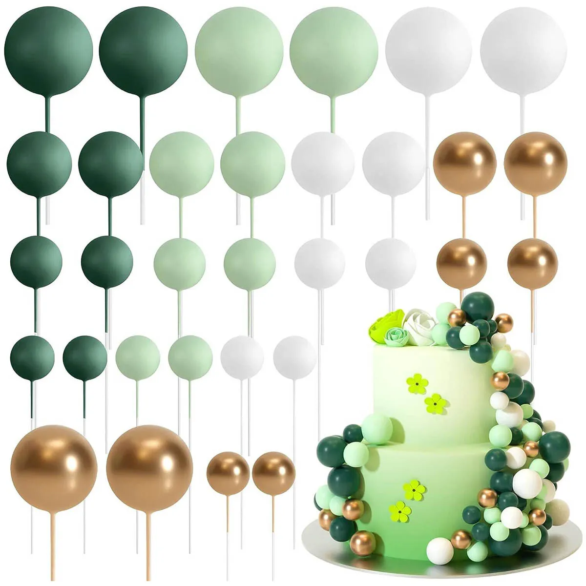 32 Stück grüne goldene weiße Schaumstoffkugeln zum Dekorieren von Kuchen, DIY, Hochzeit, Geburtstag, Party, Cupcake-Topper, Bastelbedarf für Kinder und Erwachsene
