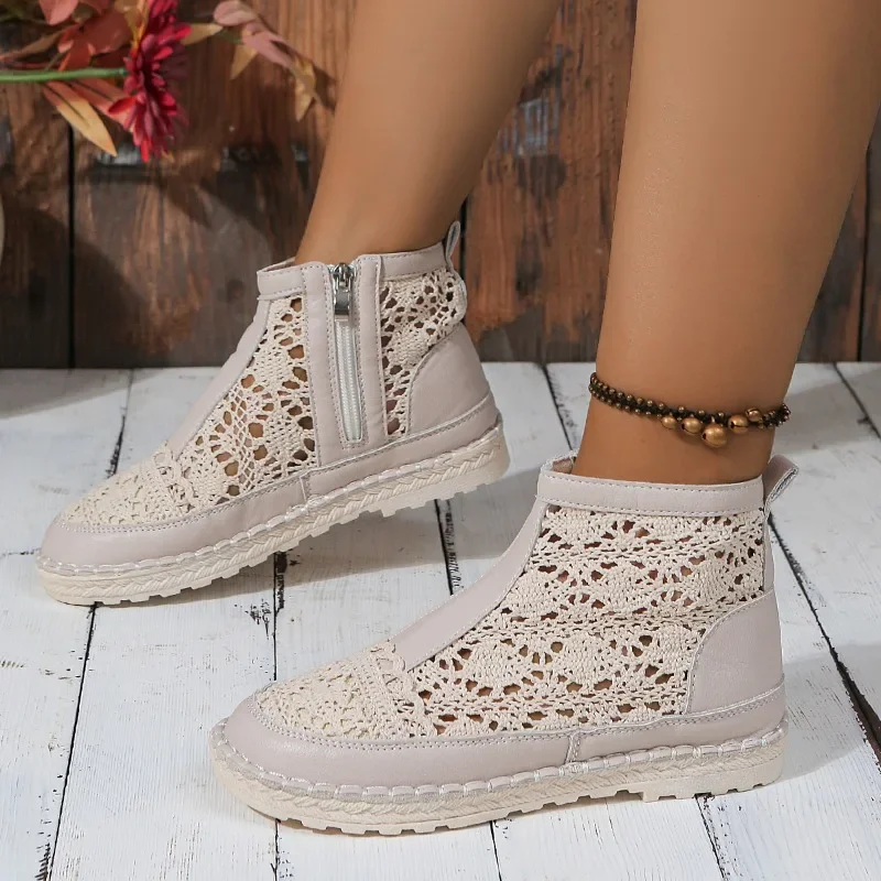 2024Hot Selling Mesh Women\'s Shoes PU Stitching Hollow Low Heel Short Zipper Summer Solid Color Sandals Fashionable Women\'sBoots