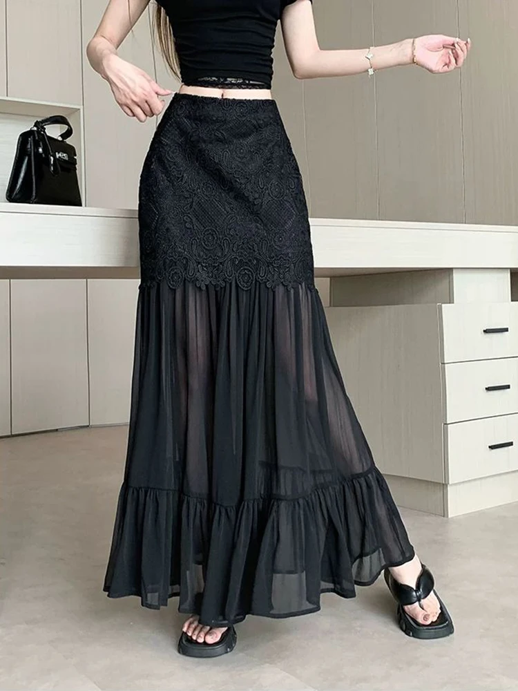 Black Lace Patchwork Women Skirt Y2K Summer Thin Mesh Stitching A Line Skirt High Waist Elegant Office Lady Slim Midi Skirts New