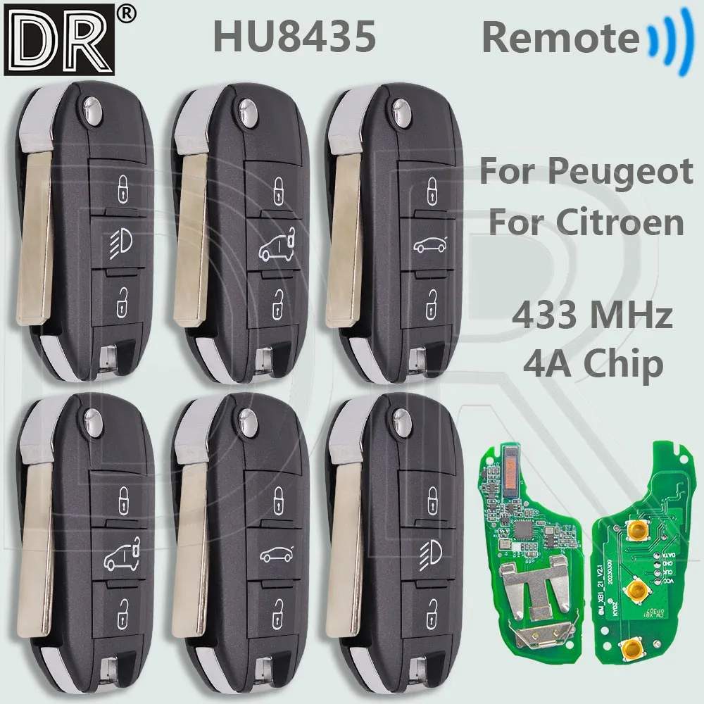 DR HU8435 4A Chip 433MHz VA2/HU83 Flip Car Remote Key P/N 98 139 654 77 For Peugeot Expert 308 3008 408 508 C3 C4 Cactus C5 C6