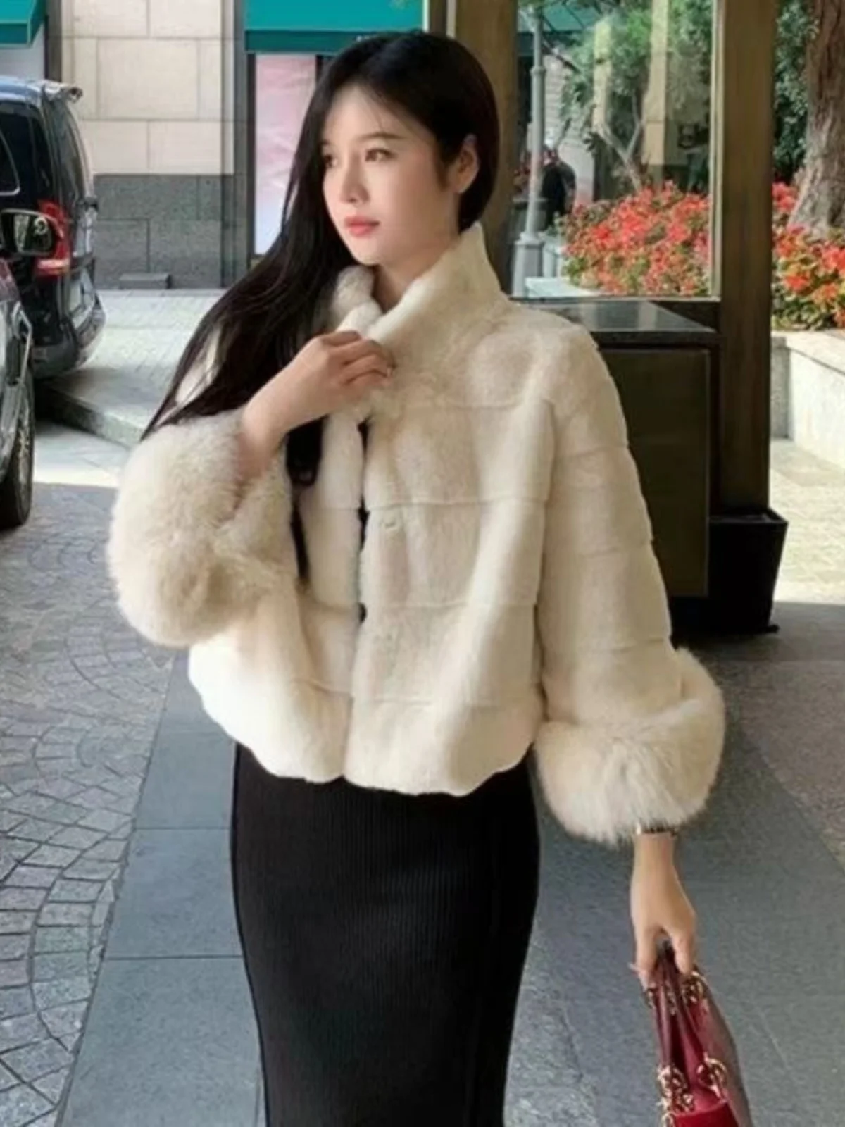 Novo Casaco F de Inverno Curto de Pelúcia Espa com Pele de Raposa Inteada, Quente e E, Manga Longa, Gola R...