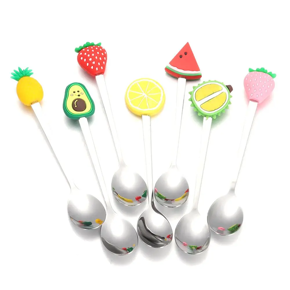 7PCS Stainless Steel Cute Fruit Coffee Spoons Silver Mini Fruit Shape Dessert Spoons 5.5inch 7Style Fruit Stirring Spoons