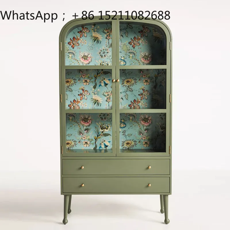 SCY retro solid wood glass side cabinet burgundy wine cabinet against the wall entrance foyer green decorative cabinet