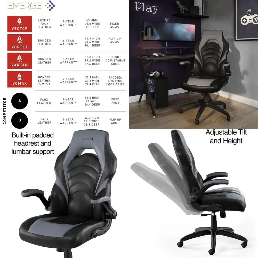 Ergonomic Adjustable Gaming Chair, Height-Modifiable, Swivel, Black - Comfort & Style for Gamers