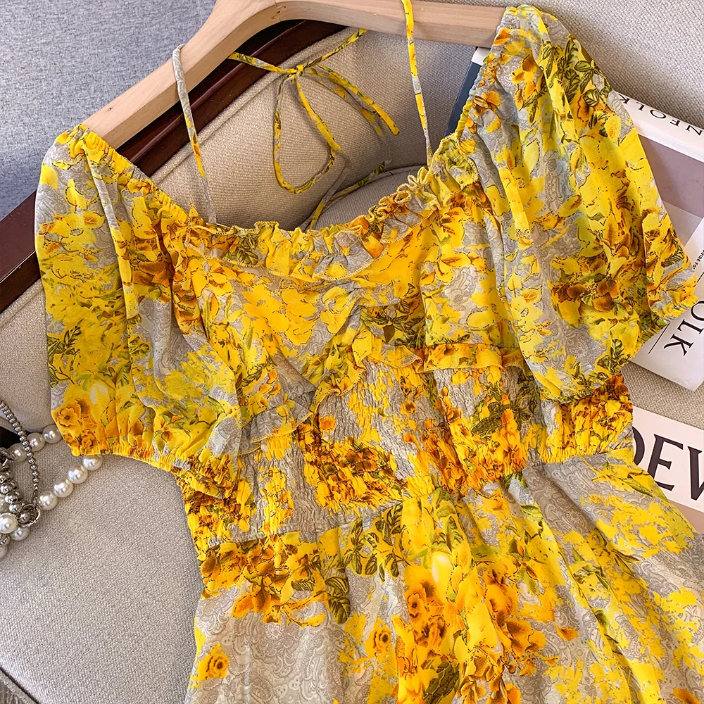 Summer Plus Size Women's Casual Chiffon High Waist Short Sleeve Dress Yellow Floral Split Dress Casual Seaside Beach Style