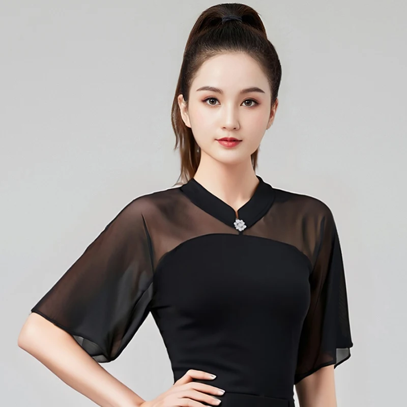 

Summer Short Sleeves Ballroom Dance Tops Women'S Black Latin Dance Top Adults Waltz Modern Dancing Top Training Wear DW10807