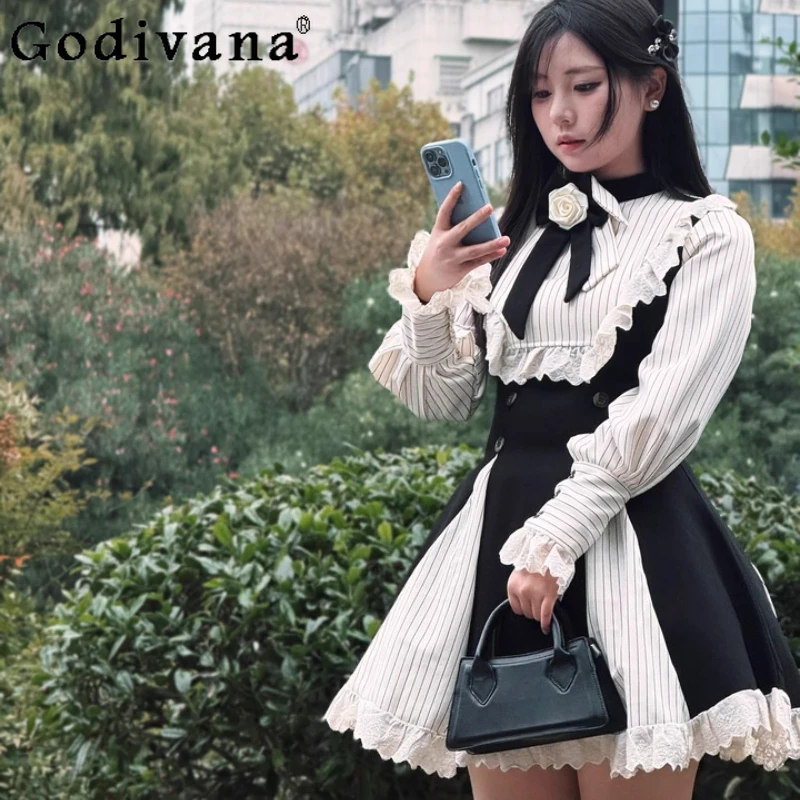 

Spring Autumn Elegant Lolita Playful College Long Sleeve Sweet Dress Fashion Age Reduction Girl Chic Striped Splicing Dresses