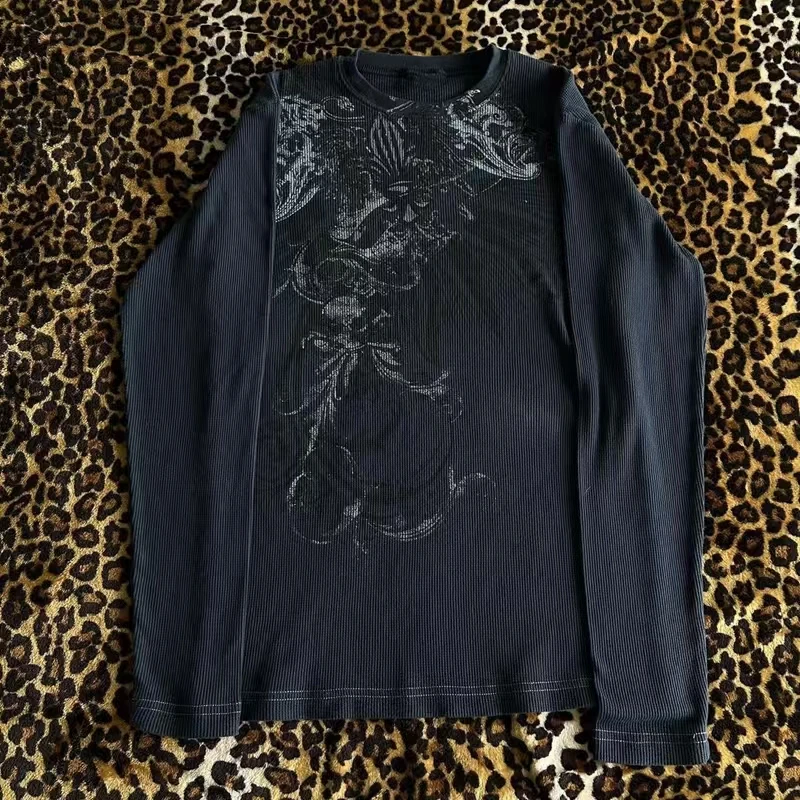 Y2K Hottie Grunge Cyber Mall Goth Thermal T-shirt Skulls Graphic Printed Long Sleeve Pullovers Tops Women Vintage Aesthetic Tees