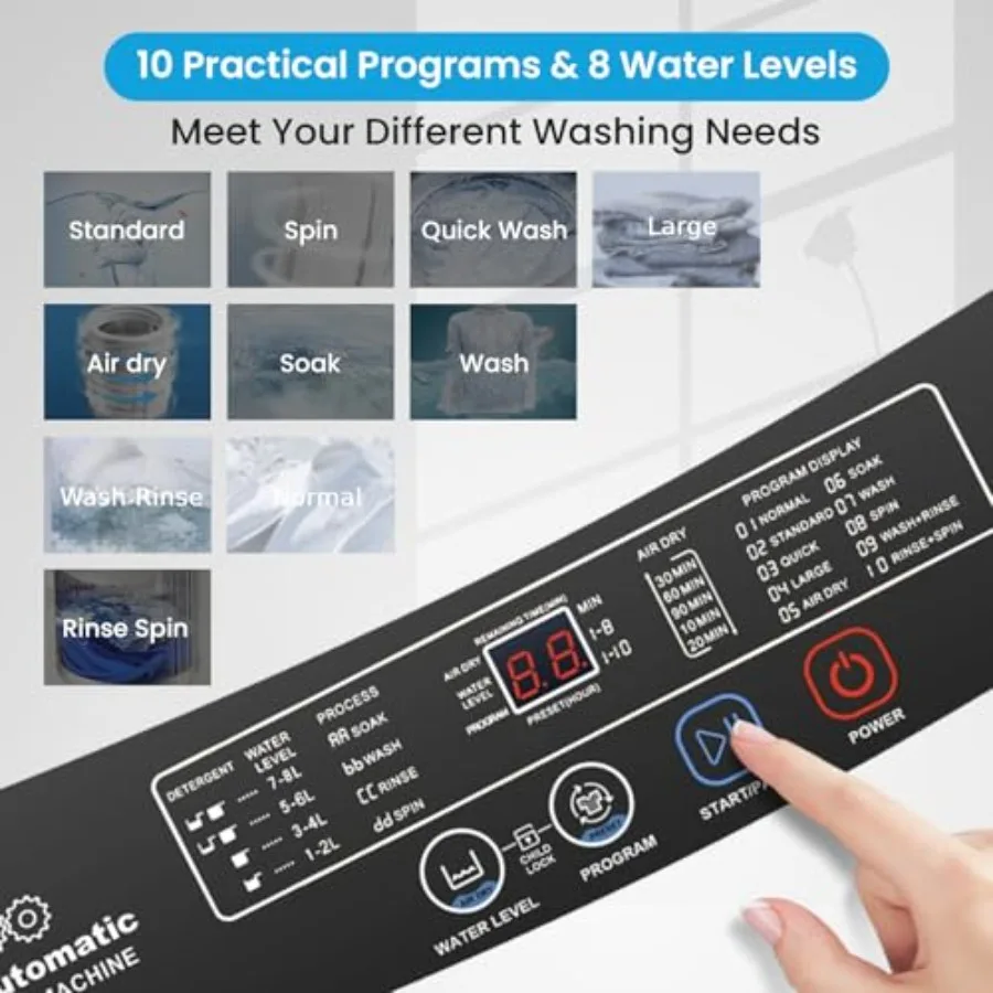 غسالة محمولة بوزن 17.8 رطل مع مضخة تصريف 2.4 قدم مكعب، مجموعة غسالة ومجفف أوتوماتيكية بالكامل، 10 برامج و8 مستويات مياه #2