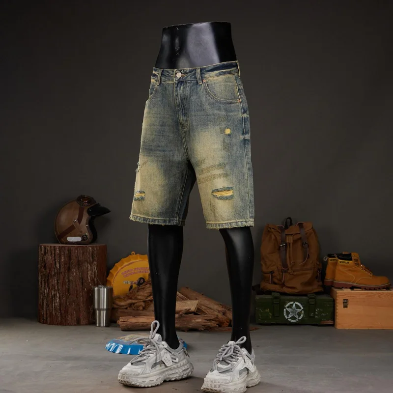 Men's Denim Shorts 2026 Summer Vintage American Style, Washed, Ripped, Distressed, Loose, Large Size, Versatile, Daily Casual
