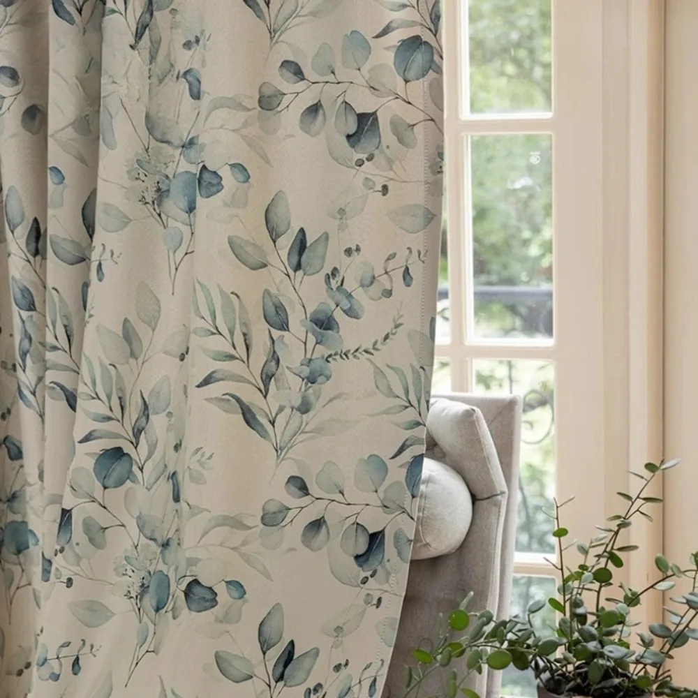 Printed Light Filtering Curtains for Balcony Windows Country Cottage Design Fresh Green Leaf Pattern Semi Sheers Voile Panels