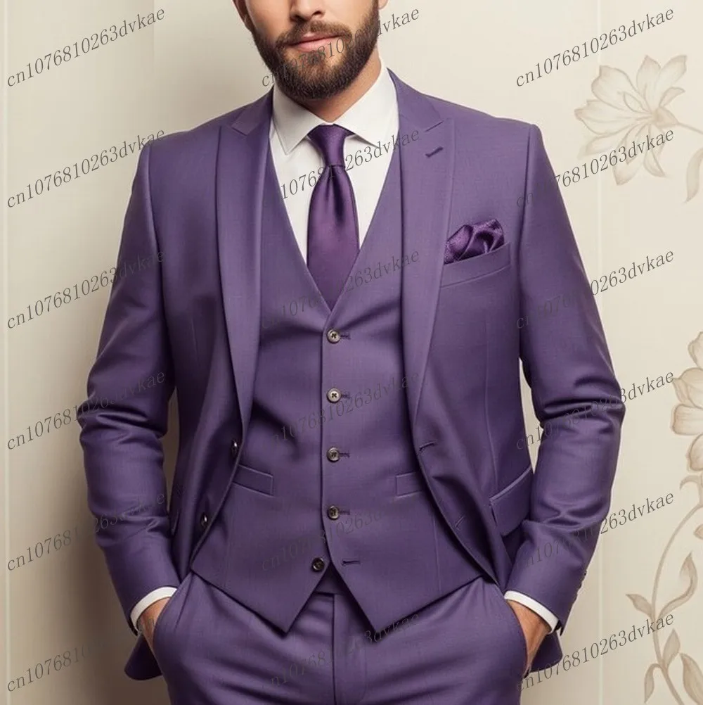 

Новый фиолетовый мужской костюм для свадебной вечеринки, торжественного случая, жениха, жениха, выпускного вечера, деловые мужские смокинги, комплект из 3 предметов, куртка, жилет, брюки
