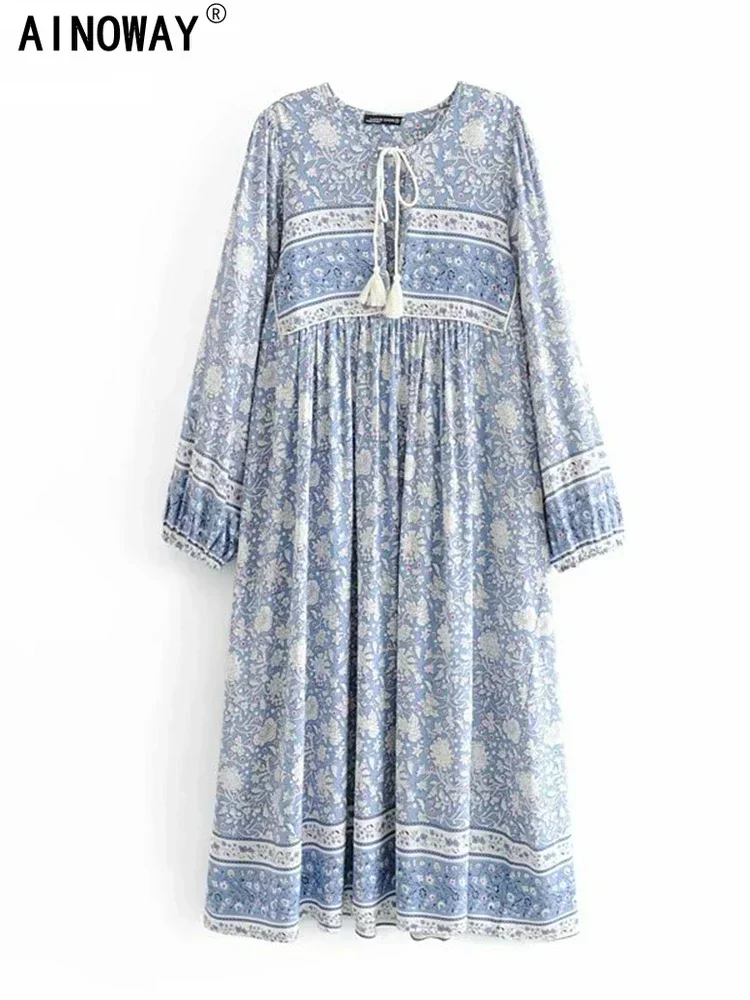 Vintage Chic Women Tie Neck Long Sleeve Floral Porcelain Print Beach Bohemian Maxi Dresses Ladies Rayon Cotton Boho Dress Robe